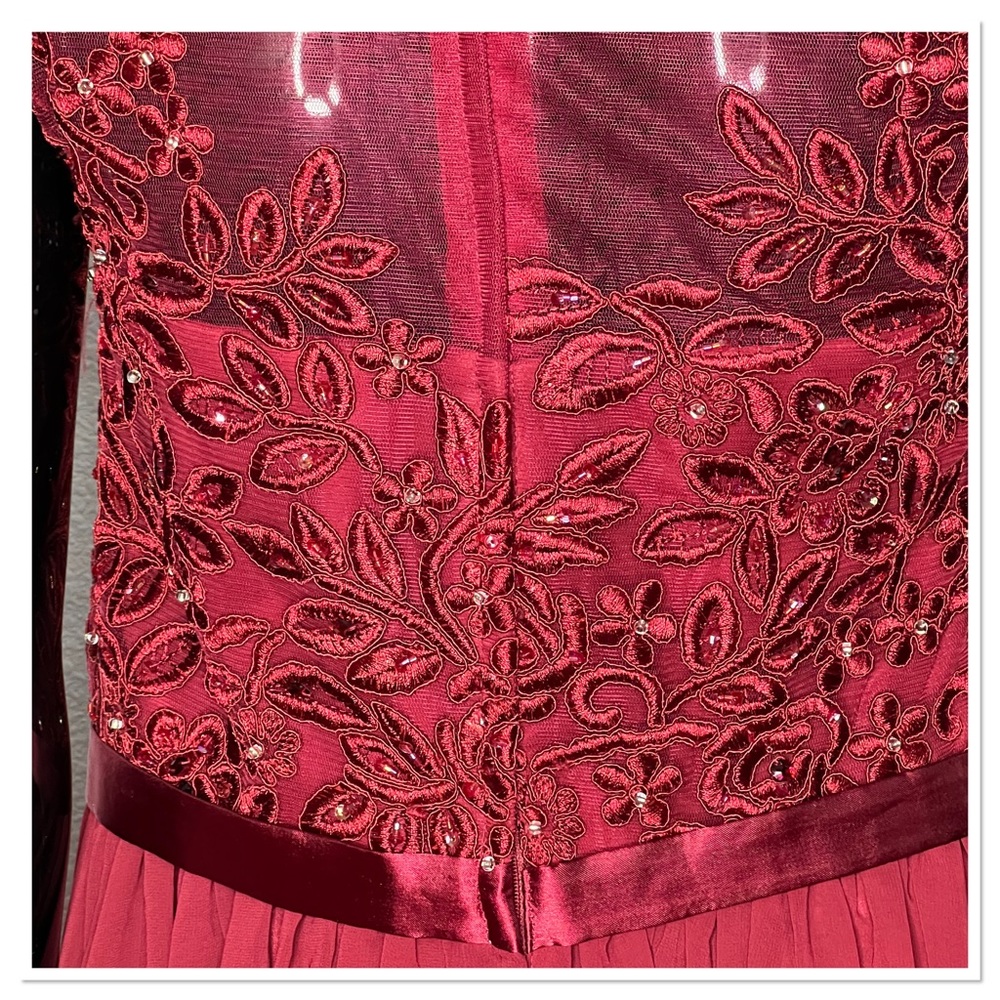 Formal Illusion Sequin, Lace and Chiffon Maxi Gown in Garnet Red - Picture 8 of 13